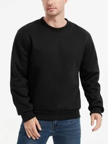 Manfinity Homme 男士加厚圆领保暖套头卫衣，冬季外出保暖黑色长袖休闲卫衣，送给朋友、丈夫、男友的秋季礼物 - 黑色 - 查看 4