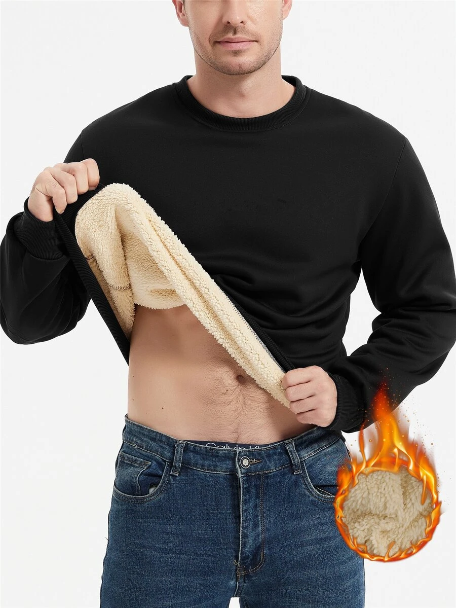 Manfinity Homme 男士加厚圆领保暖套头卫衣,冬季外出保暖黑色长袖休闲卫衣,送给朋友、丈夫、男友的秋季礼物 - 黑色 - 查看 1