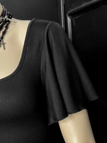 Bitrose SHEINUnitySexySolidColorExaggeratedSleeveCrewNeckShortSleeveT-ShirtWomenSShortSleeveTops BlousesForWomenNewTShirtGothicTopWomenTopGothicFashion - Black - View 6