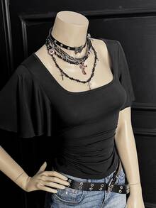 Bitrose SHEINUnitySexySolidColorExaggeratedSleeveCrewNeckShortSleeveT-ShirtWomenSShortSleeveTops BlousesForWomenNewTShirtGothicTopWomenTopGothicFashion - Black - View 3