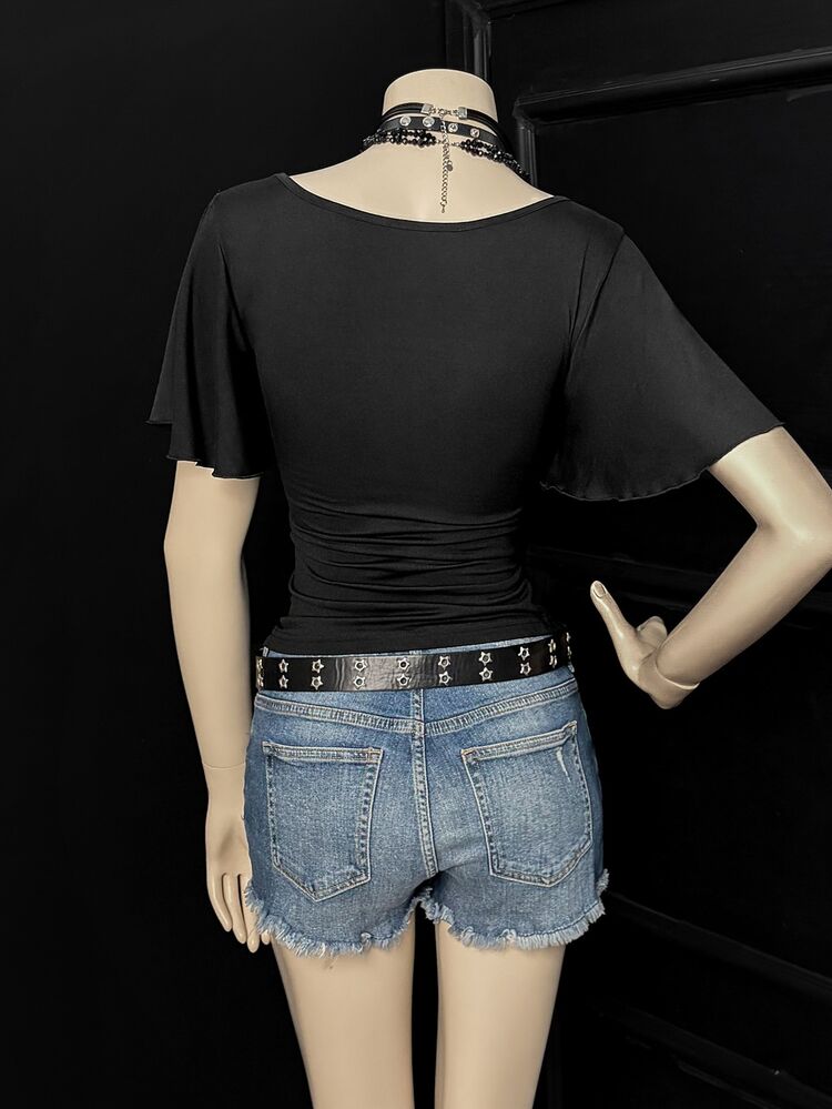 Bitrose SHEINUnitySexySolidColorExaggeratedSleeveCrewNeckShortSleeveT-ShirtWomenSShortSleeveTops BlousesForWomenNewTShirtGothicTopWomenTopGothicFashion - Black - View 2