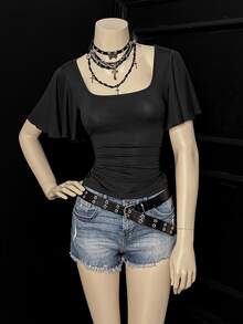 Bitrose SHEINUnitySexySolidColorExaggeratedSleeveCrewNeckShortSleeveT-ShirtWomenSShortSleeveTops BlousesForWomenNewTShirtGothicTopWomenTopGothicFashion - Black - View 4
