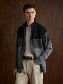 Manfinity CityGents Men's Patchwork Quilted Cardigan Old Money Formal Keep Warm - Black - View 6