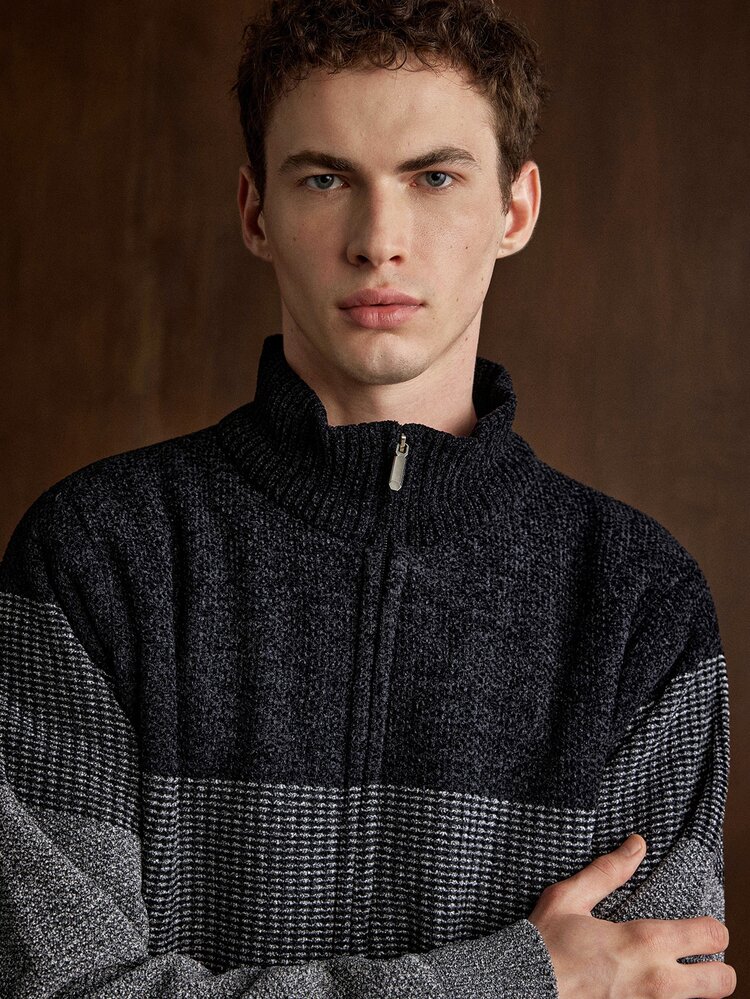 Manfinity CityGents Men's Patchwork Quilted Cardigan Old Money Formal Keep Warm - Black - View 1