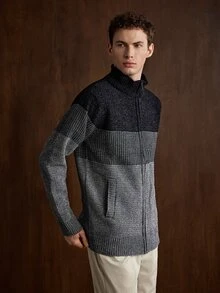 Manfinity CityGents Men's Patchwork Quilted Cardigan Old Money Formal Keep Warm - Black - View 3