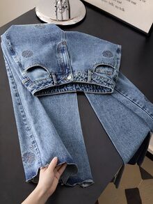 SHEIN Tall Women's Loose Wide Leg Casual Versatile Denim Jeans With Pockets - Blue - View 2