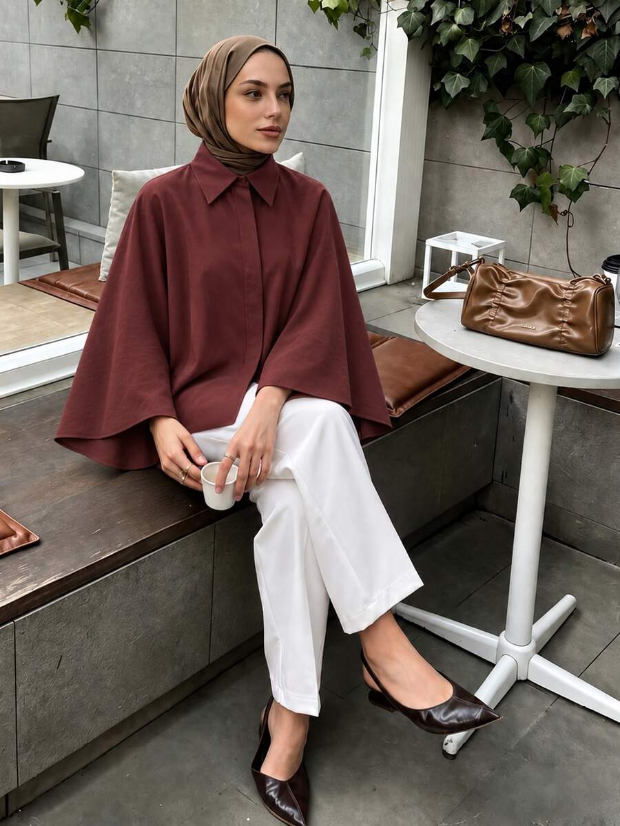 Selianne Middle East Lapel Asymmetrical Loose Short Jacket, Batwing Sleeve Casual Flattering Solid Color Muslim Shacket - Brown - View 1