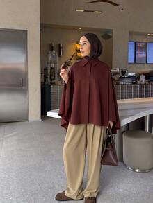 Selianne Middle East Lapel Asymmetrical Loose Short Jacket, Batwing Sleeve Casual Flattering Solid Color Muslim Shacket - Brown - View 4