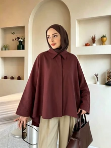 Selianne Middle East Lapel Asymmetrical Loose Short Jacket, Batwing Sleeve Casual Flattering Solid Color Muslim Shacket - Brown - View 7