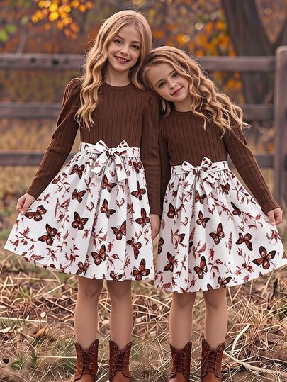 SHEIN Sparklyn Girls Long Sleeve Patchwork Floral Dress Brown And White Polka Dot Ribbed Knit Puff Sleeve Bow Family Matching Thanksgiving Autumn Cottage