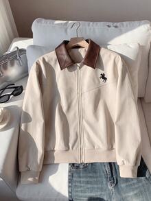 Tween Girls Long Sleeve 1pc American Collegiate Style Shades Of Brown Jacket With PU Leather Collar, Front Zipper Closure School Autumn Preppy - Khaki - View 6