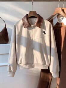 Tween Girls Long Sleeve 1pc American Collegiate Style Shades Of Brown Jacket With PU Leather Collar, Front Zipper Closure School Autumn Preppy - Khaki - View 3