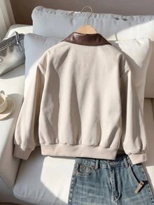 Tween Girls Long Sleeve 1pc American Collegiate Style Shades Of Brown Jacket With PU Leather Collar, Front Zipper Closure School Autumn Preppy - Khaki - View 2