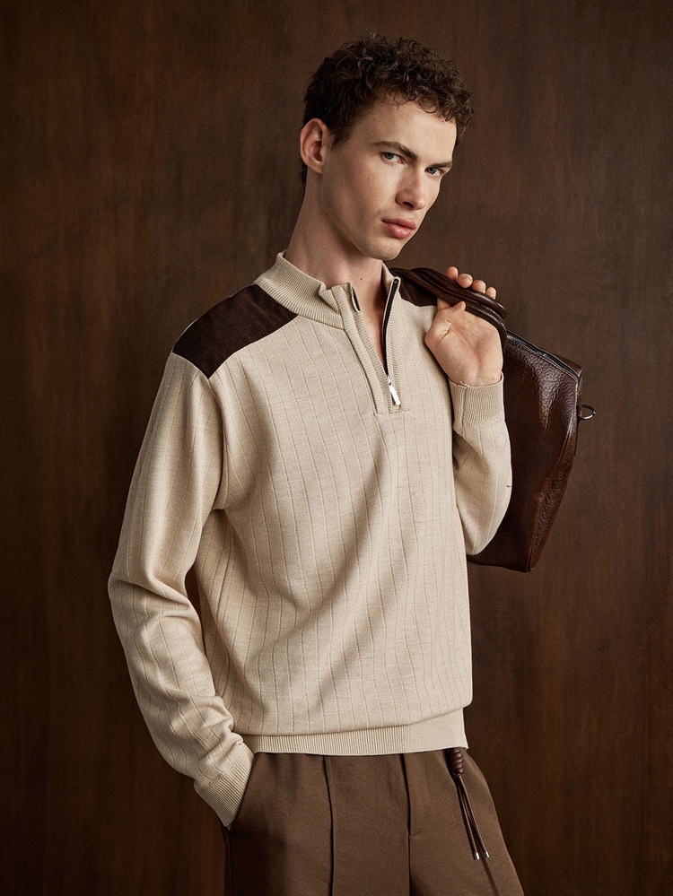 Manfinity CityGents Sweater Pullover Ringan Pria dengan Desain Blok Warna dan Patchwork di Bahu - Krem - View 5