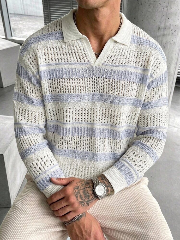 Manfinity LEGND Men's Autumn Casual Streetwear Blue And White Stripe Hollow Knit Sweater Golf Vacation Summer For Husband Boyfriend Gifts Fall Winter Long Sleeve Top - Blue and White - View 1