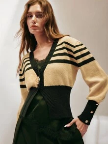 SHEIN 女款修身V領針織開襟衫，對比條紋金屬鈕扣羅紋設計，優雅法式復古風，米色黑綠條紋，適合秋季感恩節、辦公室與早午餐穿搭 - 彩色 - 查看 8