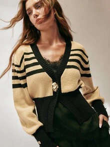 SHEIN 女款修身V領針織開襟衫，對比條紋金屬鈕扣羅紋設計，優雅法式復古風，米色黑綠條紋，適合秋季感恩節、辦公室與早午餐穿搭 - 彩色 - 查看 3