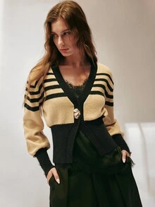 SHEIN 女款修身V領針織開襟衫，對比條紋金屬鈕扣羅紋設計，優雅法式復古風，米色黑綠條紋，適合秋季感恩節、辦公室與早午餐穿搭 - 彩色 - 查看 6