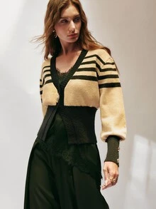 SHEIN 女款修身V領針織開襟衫，對比條紋金屬鈕扣羅紋設計，優雅法式復古風，米色黑綠條紋，適合秋季感恩節、辦公室與早午餐穿搭 - 彩色 - 查看 7