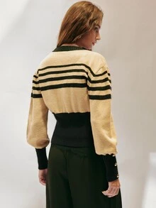 SHEIN 女款修身V領針織開襟衫，對比條紋金屬鈕扣羅紋設計，優雅法式復古風，米色黑綠條紋，適合秋季感恩節、辦公室與早午餐穿搭 - 彩色 - 查看 4