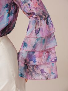 SHEIN Women's Blouse Loose Chiffon Ruffle Tie Neck Layered Cuffs Elegant Romantic Boho Purple Floral Abstract Floral Print Autumn Holiday Vacation - Mauve Purple - View 5