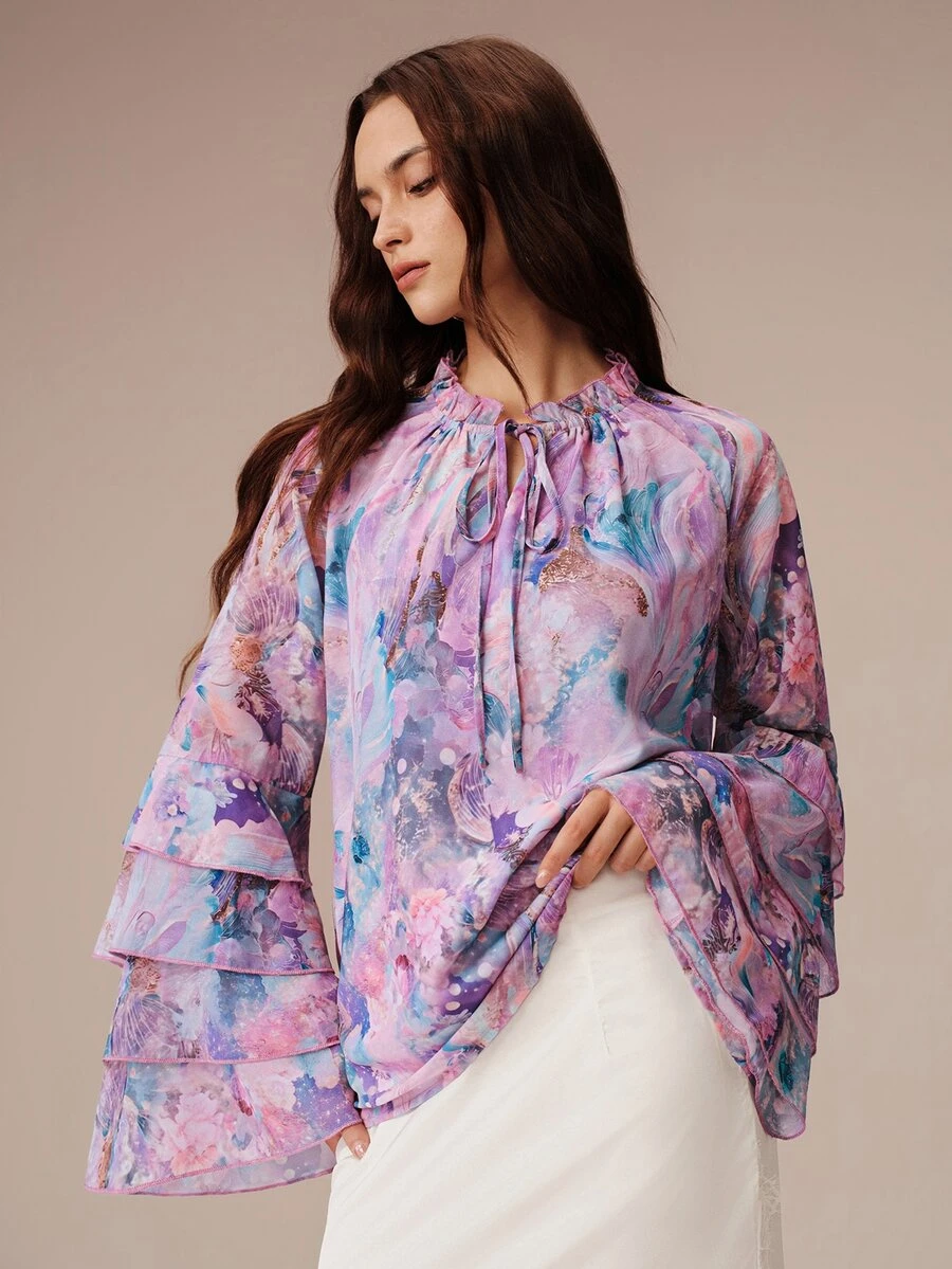 SHEIN Women's Blouse Loose Chiffon Ruffle Tie Neck Layered Cuffs Elegant Romantic Boho Purple Floral Abstract Floral Print Autumn Holiday Vacation - Mauve Purple - View 1