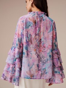 SHEIN Women's Blouse Loose Chiffon Ruffle Tie Neck Layered Cuffs Elegant Romantic Boho Purple Floral Abstract Floral Print Autumn Holiday Vacation - Mauve Purple - View 2
