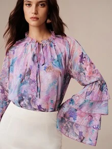 SHEIN Women's Blouse Loose Chiffon Ruffle Tie Neck Layered Cuffs Elegant Romantic Boho Purple Floral Abstract Floral Print Autumn Holiday Vacation - Mauve Purple - View 3
