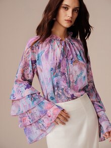 SHEIN Women's Blouse Loose Chiffon Ruffle Tie Neck Layered Cuffs Elegant Romantic Boho Purple Floral Abstract Floral Print Autumn Holiday Vacation - Mauve Purple - View 6