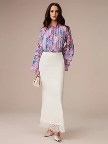 SHEIN Women's Blouse Loose Chiffon Ruffle Tie Neck Layered Cuffs Elegant Romantic Boho Purple Floral Abstract Floral Print Autumn Holiday Vacation - Mauve Purple - View 4