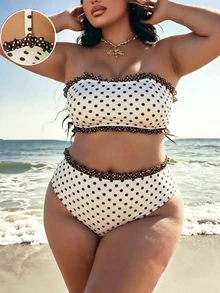 SHEIN Swim 大尺碼女款性感可愛棕色與白色波點抹胸比基尼上衣搭配三角褲 (含可拆卸肩帶) - 夏季度假派對 - 彩色 - 查看 10