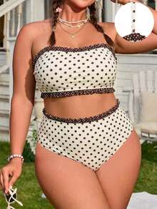 SHEIN Swim 大尺碼女款性感可愛棕色與白色波點抹胸比基尼上衣搭配三角褲 (含可拆卸肩帶) - 夏季度假派對 - 彩色 - 查看 4