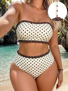 SHEIN Swim 大尺碼女款性感可愛棕色與白色波點抹胸比基尼上衣搭配三角褲 (含可拆卸肩帶) - 夏季度假派對 - 彩色 - 查看 2