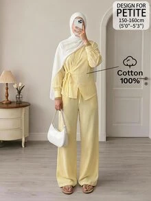 SHEIN PETITE طقم نسائي كاجوال من قطعتين بلون موحد، قميص بأكمام طويلة مع عقدة جانبية وبنطال واسع الساق - أصفر - مشاهدة 1