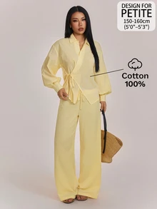 SHEIN PETITE طقم نسائي كاجوال من قطعتين بلون موحد، قميص بأكمام طويلة مع عقدة جانبية وبنطال واسع الساق - أصفر - مشاهدة 8