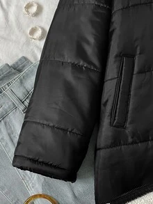 SHEIN Kids Tween Girls Winter Coats Woven Black Long Hooded Padded Coat School Club Graphic Cute - Black - View 5