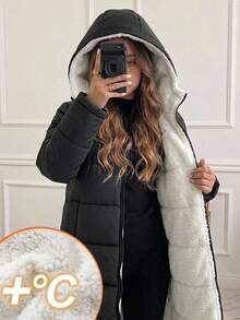 SHEIN Kids Tween Girls Winter Coats Woven Black Long Hooded Padded Coat School Club Graphic Cute - Black - View 1