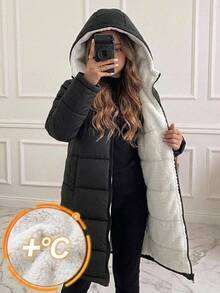 SHEIN Kids Tween Girls Winter Coats Woven Black Long Hooded Padded Coat School Club Graphic Cute - Black - View 2