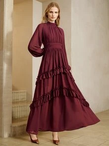 Arave Gaun Wanita Elegan dengan Hiasan Ruffle dan Lipatan di Pinggang - Burgundy - View 6