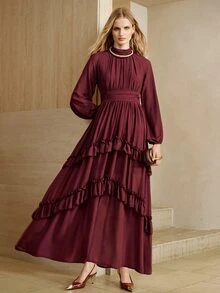 Arave Gaun Wanita Elegan dengan Hiasan Ruffle dan Lipatan di Pinggang - Burgundy - View 2