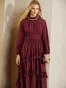 Arave Gaun Wanita Elegan dengan Hiasan Ruffle dan Lipatan di Pinggang - Burgundy - View 7
