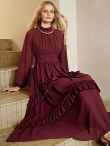 Arave Gaun Wanita Elegan dengan Hiasan Ruffle dan Lipatan di Pinggang - Burgundy - View 4