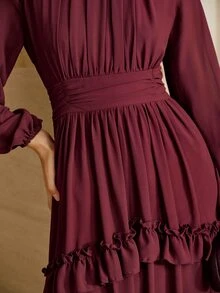 Arave Gaun Wanita Elegan dengan Hiasan Ruffle dan Lipatan di Pinggang - Burgundy - View 3