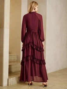 Arave Gaun Wanita Elegan dengan Hiasan Ruffle dan Lipatan di Pinggang - Burgundy - View 5