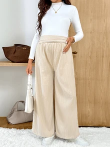 SHEIN Celana Panjang Hamil Kasual Serbaguna Warna Polos dengan Potongan Lebar - Krem - View 6