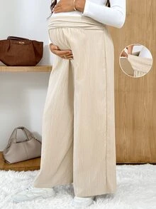SHEIN Celana Panjang Hamil Kasual Serbaguna Warna Polos dengan Potongan Lebar - Krem - View 7