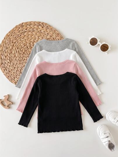 SHEIN Set 4pcs/Pakaian Dalam Bayi Perempuan Lengan Panjang Berenda, Campuran Katun, Kerah Bulat, Bergaris, Musim Semi/Gugur, Hitam Polos, Merah Muda Muda, Putih, Abu-abu Muda