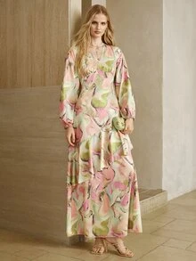Arave Gaun Kencan Elegan Wanita dengan Motif Tinta Tenun, Bentuk X, Lengan Panjang, Leher V Rendah, dan Hem Berumbai - Aprikot - View 2