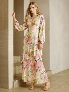 Arave Gaun Kencan Elegan Wanita dengan Motif Tinta Tenun, Bentuk X, Lengan Panjang, Leher V Rendah, dan Hem Berumbai - Aprikot - View 3