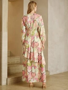 Arave Gaun Kencan Elegan Wanita dengan Motif Tinta Tenun, Bentuk X, Lengan Panjang, Leher V Rendah, dan Hem Berumbai - Aprikot - View 4